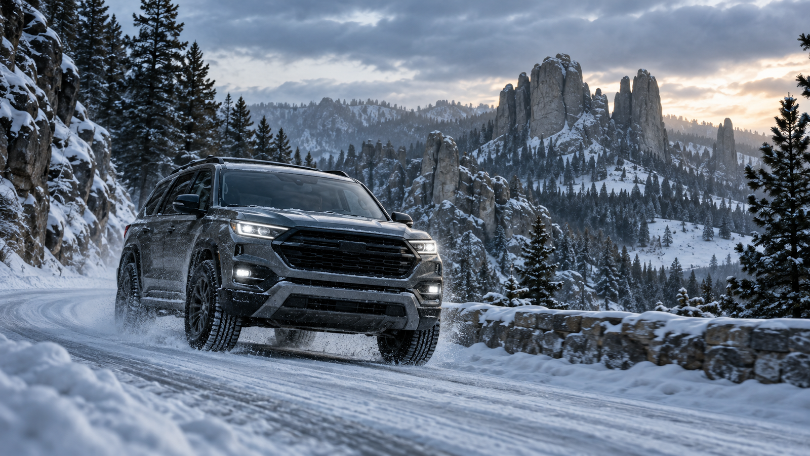 SUV driving on a snowy Black Hills mountain road
