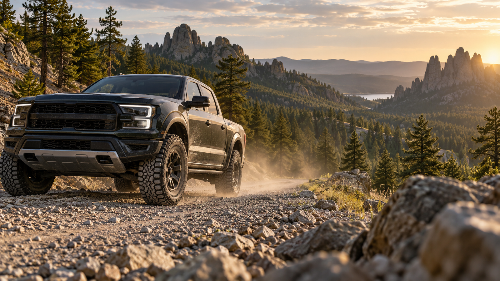 Pickup truck driving on a gravel road in the Black Hills