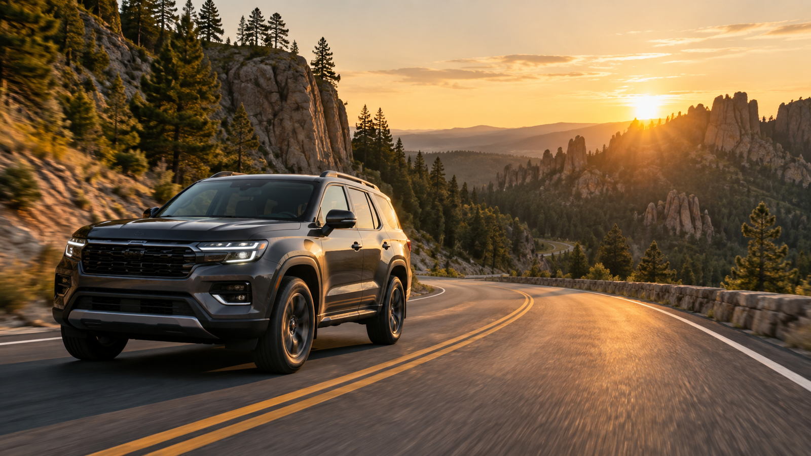 SUV traveling on a scenic paved highway in the Black Hills